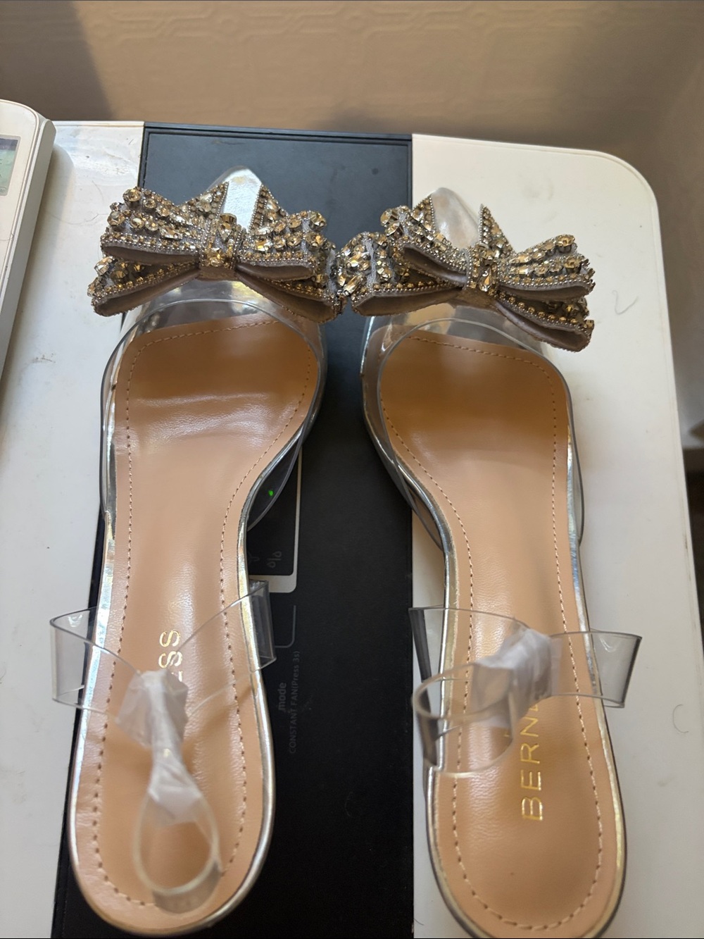 Sergio Rossi Crystal Bow Clear Slide Sandals - Beige & Gold